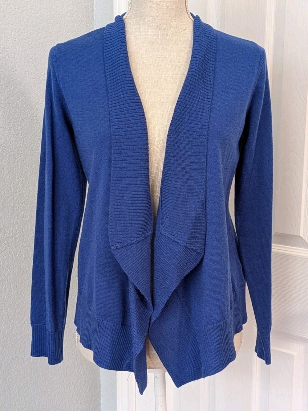 Eileen Fisher Petite Royal Blue 100% Merino Wool Open Angle Cardigan Sweater PS